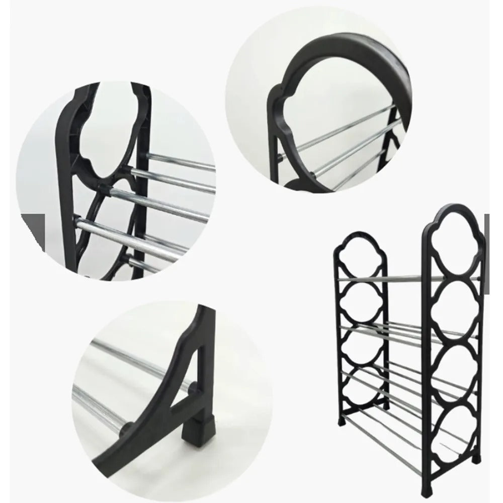 shoe rack is assembled from steel pipe and PP plastic connectors.