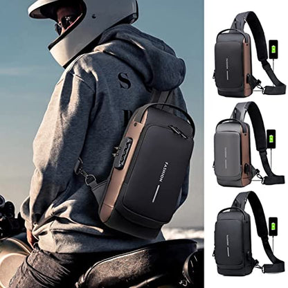 Fashion Men Sling Bag Pack with Lock Waterproof Anti-Theft Chest Bag with USB Charging Port Shoulder Bag Body Backpack with TSA Lock